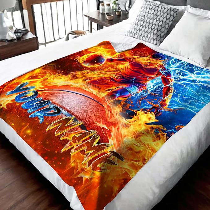 Blanket for Boys Men Personalized Basketball Throw Blankets for Kids Teens Adults - 60x80 Inches Lightweight Warm Cool Custom Sport Throw for Sofa Couch Bed Car