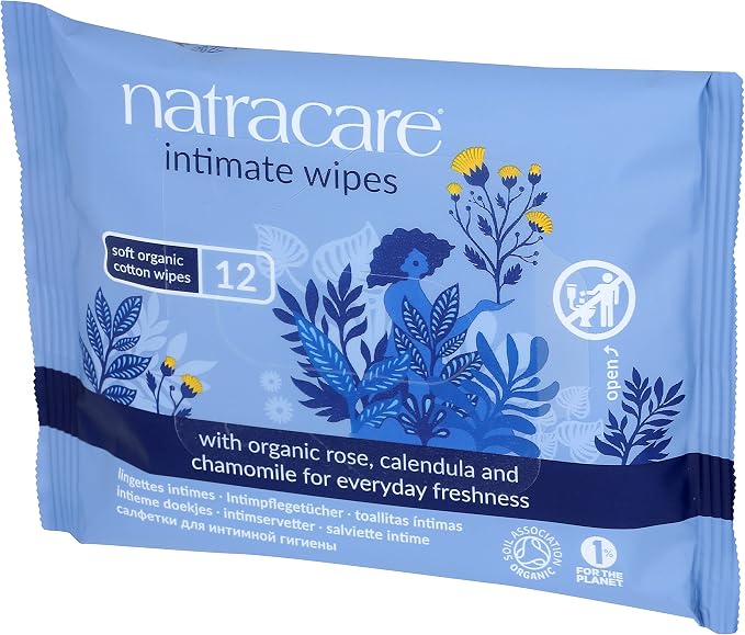 Natracare Organic Cotton Intimate Wipes Infused with Organic Essential Oils of Chamomile, Calendula and French Rose, 12 Wipes per pack (24 Pack, 288 wipes total)