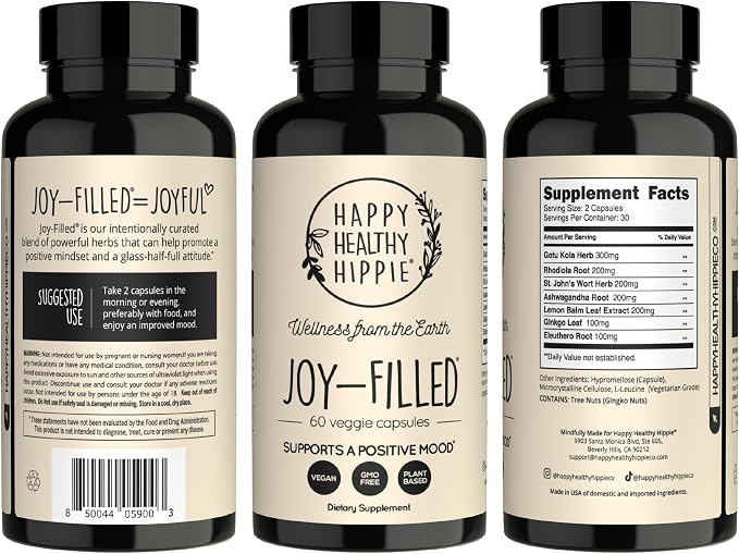 Joy-Filled Mood Support Supplement - 7 Herb Complex + St. Johns Worts (120 Ct) | Stress Relief Supplement with Rhodiola Rosea, Eleuthero | Helps Calm The Mind & Body | 100% Plant-Based Happy Pills
