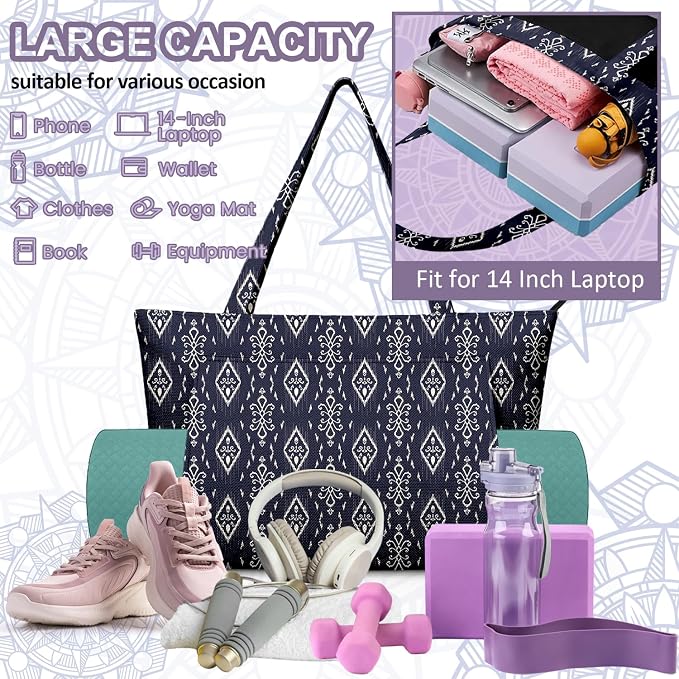 Yoga Bag for Women, Large Canvas Yoga Mat Tote Bag with Yoga Mat Carrier - Large Mat Pocket Fitness Tote for Pilates, Gym, Travel, Office & Beach