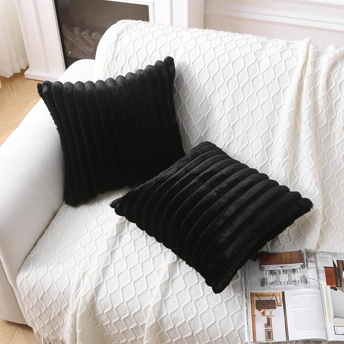 Decorative Throw Pillow with Inserts, Set of 2 Soft Faux Fur Throw Pillows, Square Boho Striped Pillow for Couch, Bed, Sofa Decor (Black, 20" x 20"(Pack of 2))