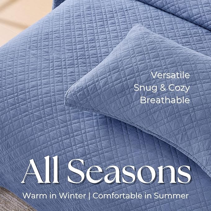 DOWN HOME Queen Quilt Set with Shams Lightweight Quilted Bedspread Coverlet Thin Comforter Bed Cover Vintage Washed Quilted Blanket for All Season, Brushed Microfiber Diamond Stitching, Blue, 88"x92"