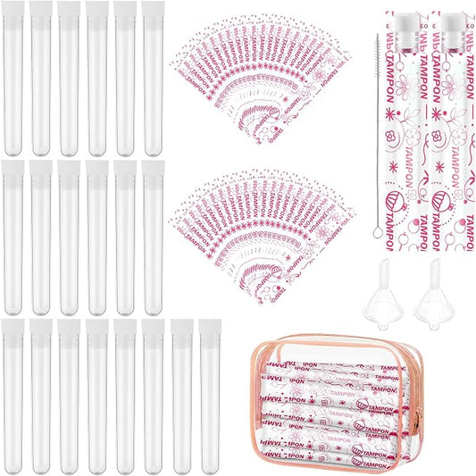 64 Pcs Tampon Flasks Set Includes 20 Reusable Plastic Flasks, 40 Self Adhesive Wrappers, 2 Funnels, Clear Storage Bag, Clean Brush, Tube Flasks for Cruise Event, Concert, Outdoor Sports (White)