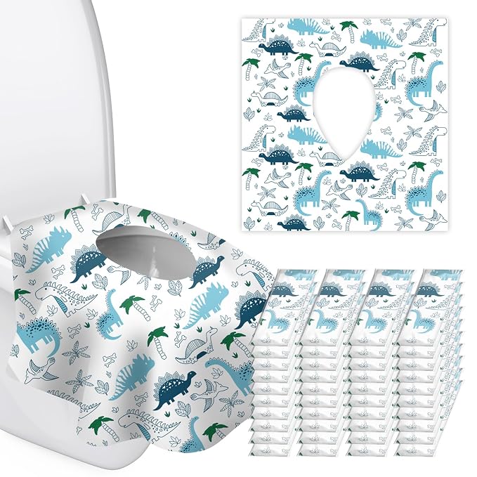 40 Pack Toilet Seat Covers Disposable for Kids Toddlers & Adults, Extra Large Waterproof Toilet Cover Individually Wrapped Travel Essential Portable Potty Training in Public Restrooms, Trip - Dinosaur