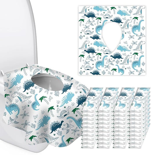 40 Pack Toilet Seat Covers Disposable for Kids Toddlers & Adults, Extra Large Waterproof Toilet Cover Individually Wrapped Travel Essential Portable Potty Training in Public Restrooms, Trip - Dinosaur