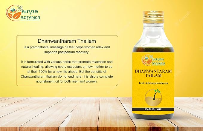 HERBS BOTANICA Dhanwantharam Thailam Oil for Massage Oil, Support Overall Relaxation, Prevent Stretch Marks, Moisturizes Skin, Natural Strength After Delivery 200 Ml