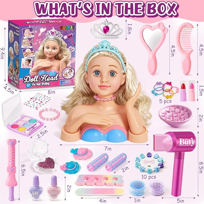 Golray Hair Styling Doll Head Makeup Kit Nail Art Girls Toys,Hair Salon Toy/ Real Cosmetics Nail Polish,Hairdryer Curling Iron Stylist Play Toy Princess Girl Birthday Gifts 3 4 5 6 7 8+ Years Old