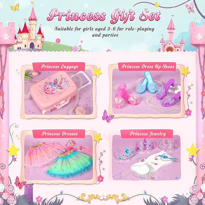 19 Pcs Princess Dress Up Shoes Gift Set, Girls Role Play Dress Up Toys & Costumes Set, Toddler Pretend Jewelry Boutique Kit Gift for Little Girls Aged 3 4 5 6 Years Old