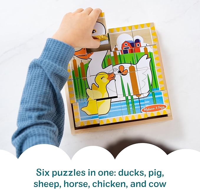 Melissa & Doug Farm Wooden Cube Puzzle with Storage Tray – 6-in-1 Animal Puzzle for Toddlers and Preschoolers – 16 Wooden Cubes – Farm Toy for Kids Ages 3+ - FSC Certified