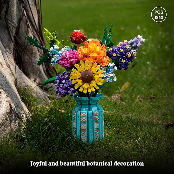 Flowers Bouquet Building Blocks Set with Vase 1853PCS, Botanical Collection with Sunflower Rose for Home & Office Décor for Adults Girls 14+