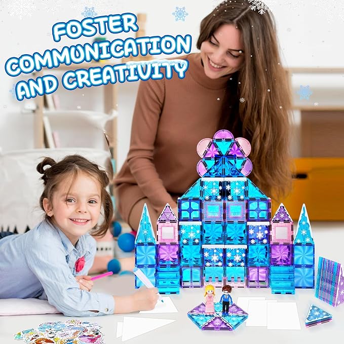 145pcs Diamond Magnetic Tiles Set with Magnetic Doodle Kit, 3D Blocks Magnet Toys for Girls 3 4-7,8-12, Educational Stem Toys Include Stairs Dolls Decals Stickers,3 4 5 6 7 8+ Girls Gift
