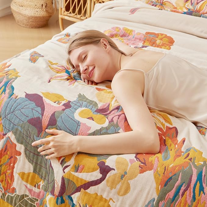 LUTBM King Throw Blanket for Bed -100% Cotton Soft Boho Summer Blankets | 90"x108" Reversible Floral Butterfly Bedspread, All-Season, For Chair Sofa Couch Bedroom Decor, Lightweight Breathable Quilt