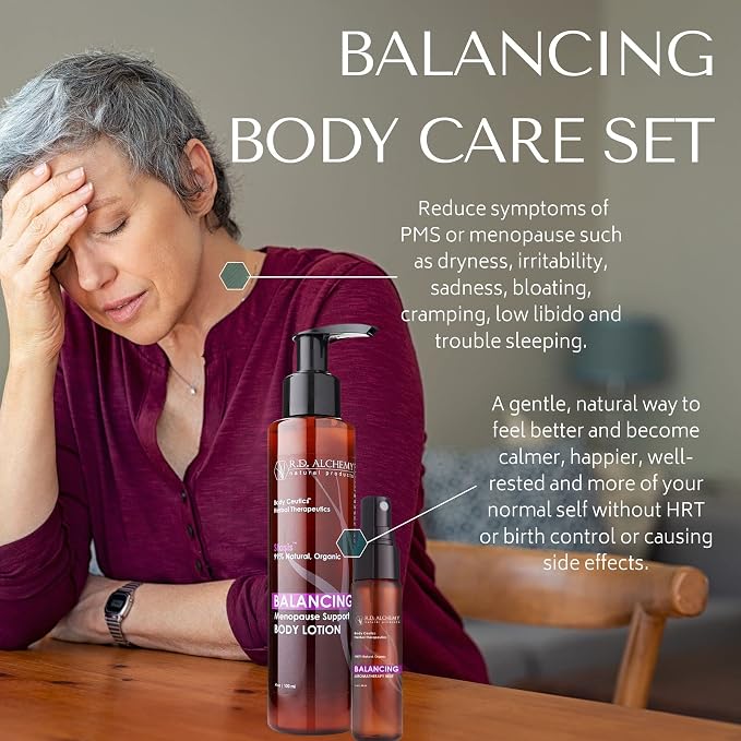 RD Alchemy - Natural & Organic Menopause Balancing 2-Piece Treatment Set - Body Lotion & Hot Flash Mist with Isoflavones & Oils Moisturize Dry Skin, Support Mood & Sleep to Promote Well-Being.