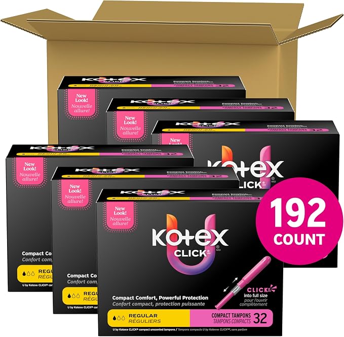 U by Kotex Click Compact Tampons, Regular Absorbency, Unscented, 192 Count (6 Packs of 32) (Packaging May Vary)