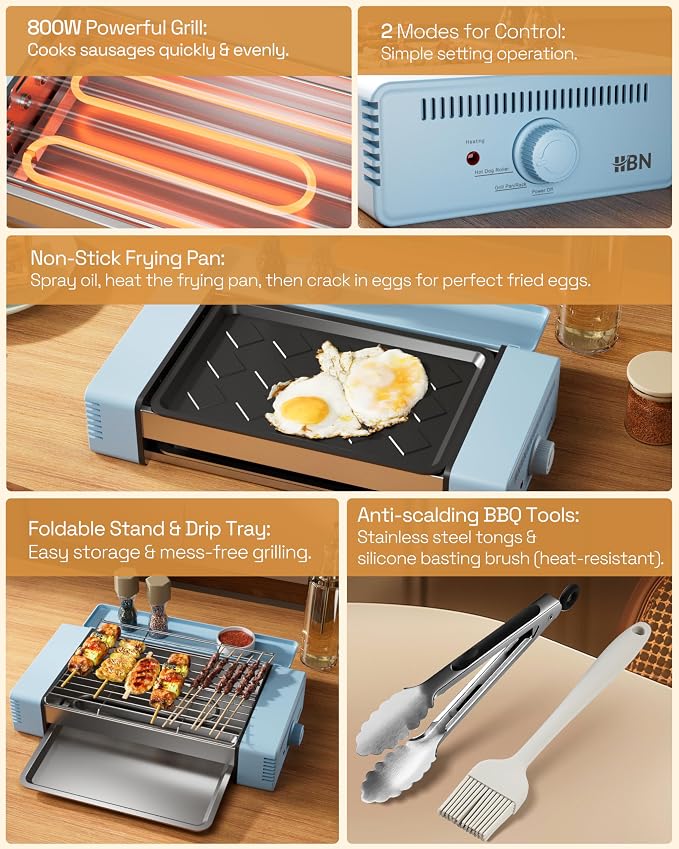 HBN Indoor Grill and Electric Griddle, 3-in-1 Smokeless Indoor Grill with Grill Rack & Nonstick Griddle & Sausage Grill Korean BBQ grill for Kitchen, Dishwasher Safe, 400F (Sky Blue)