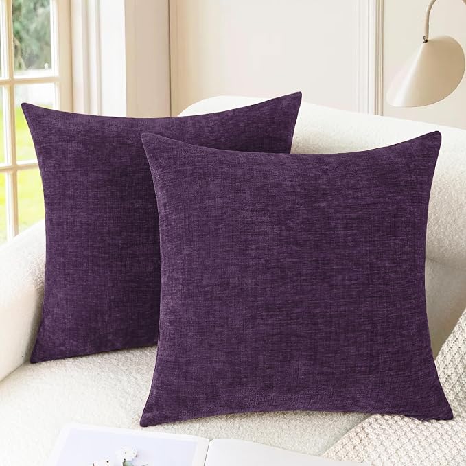 CaliTime Decorative Couch Throw Pillow Covers 20 X 20 Inches Plum Purple | Pack of 2, Cozy Chenille Cushion Cases for Sofa Bed Living Room Farmhouse Home