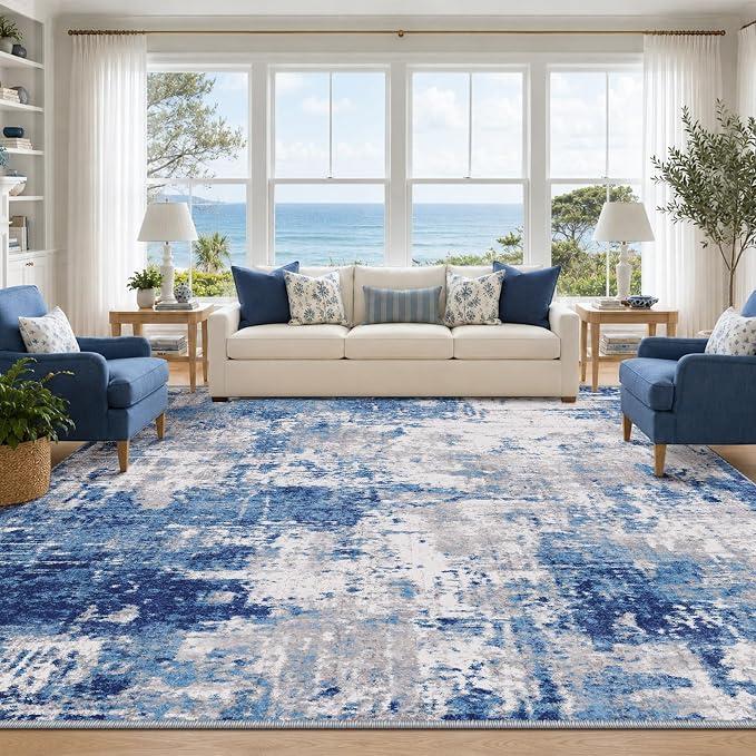 RELEANY Washable 8'x10' Abstract Area Rug for Living Room Blue Gray | carpet for bedroom, kitchen, office, hallway and entryway, printed pattern, non-slip, soft, stain-resistant, easy to clean