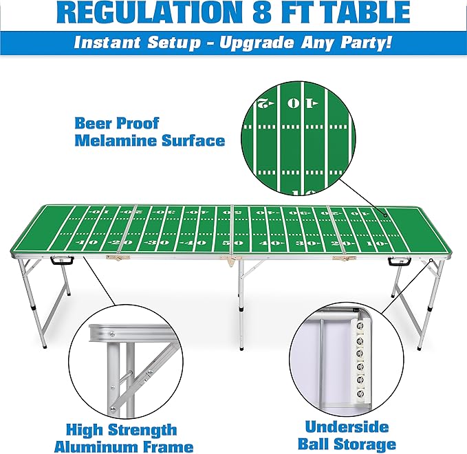GoPong 8 Foot Portable Beer Pong/Tailgate Tables (Black, Football, American Flag, or Custom Dry Erase)