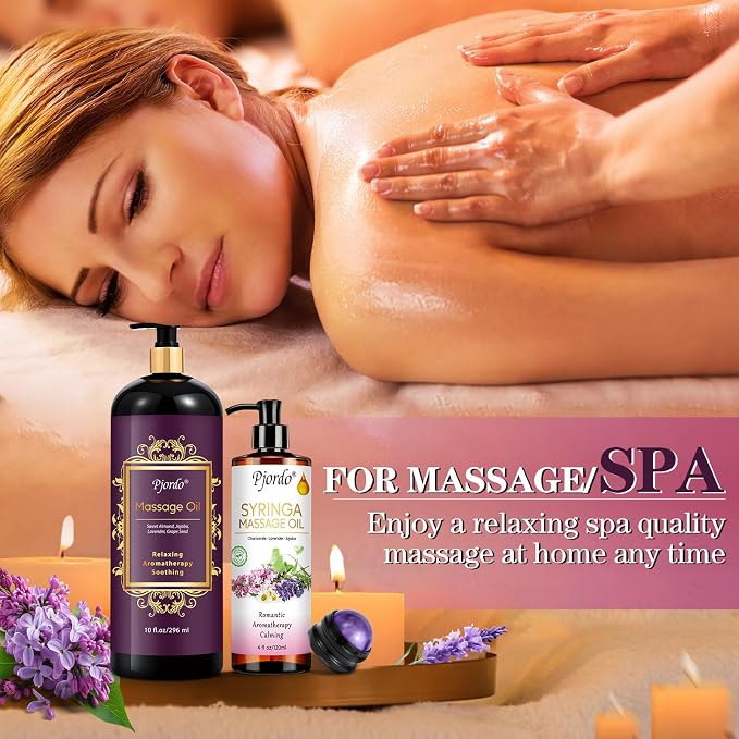 Pjordo 2 Pack Massage Oil for Massage Therapy, Lilac Oil, Lavender Massage Oil for Skin, with Massage Roller Ball, Natural Body Oil for Calming, Aromatic, Soothing, Spa Gift Set for Him Her