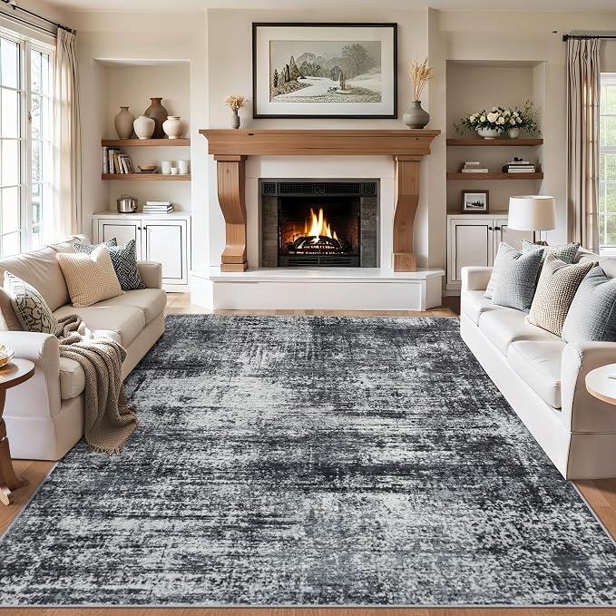 8x10 Area Rugs for Living Room - Washable Rug Modern Abstract Soft Large Neutral Non-Slip Carpet Indoor Floor Thin Carpets for Bedroom Dining Room Farmhouse Nursery Home Office Dark Black