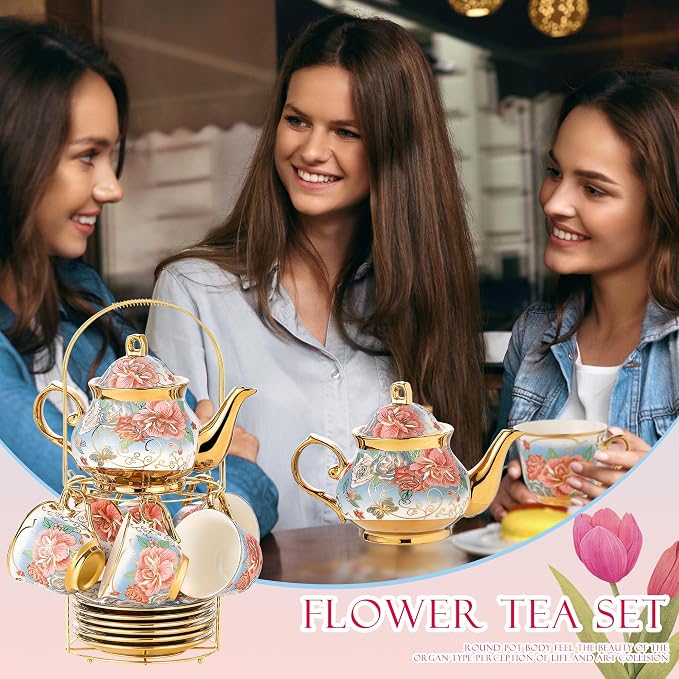 20 Pieces Porcelain Tea Set With Metal Holder, European Ceramic tea set for adults,Flower Tea Set,Tea Set For Women With Flower Painting (VIVID BLUE, Largr Vision)