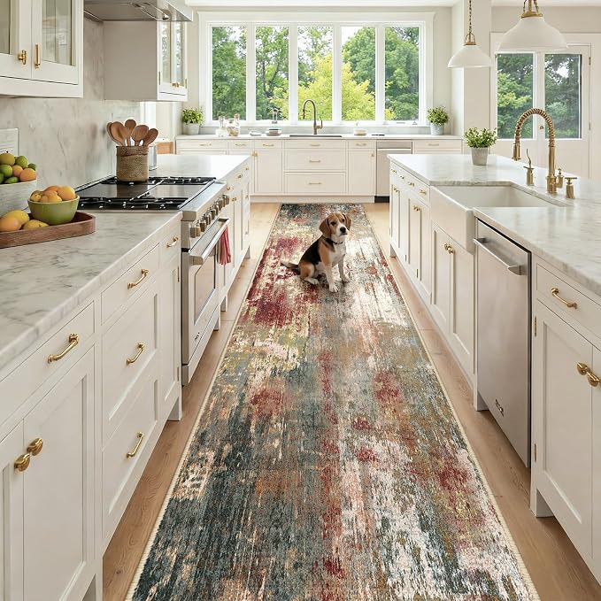 RELEANY Washable Area Rugs 3x12 Non-Slip Modern Abstract Soft for Living Room Entryway Bedroom Kitchen, Print Pattern, Brown Rust Red Green Blue Multi