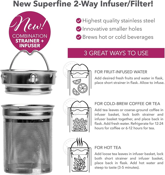 Teabloom All-Beverage Tumbler – 15 oz / 450 ml – Tempered Glass Travel Bottle – Hot and Cold Tea Infuser – Cold-Brew Coffee – Fruit-Infused Water – Tea Tumbler – The Pathfinder