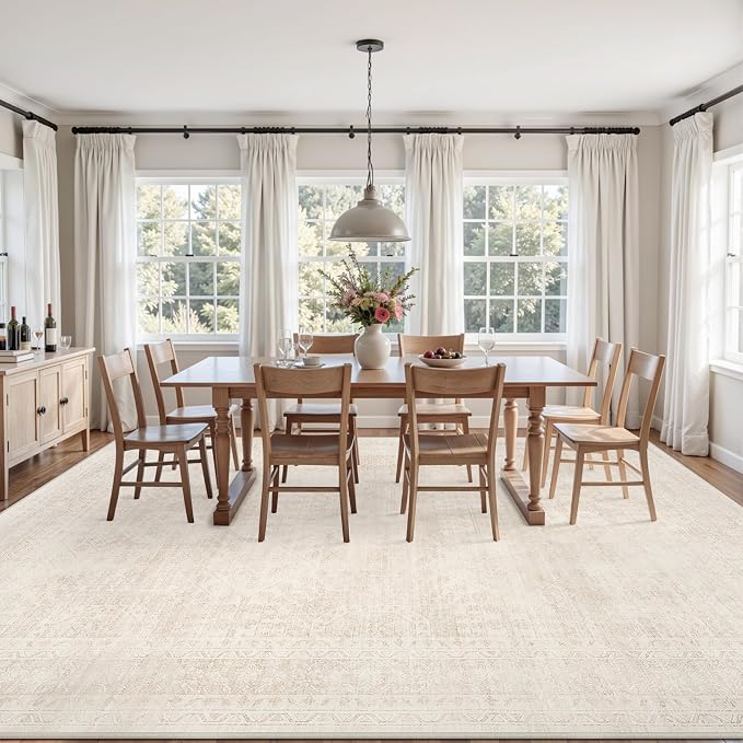 Area Rugs 9x12 Living Room: Vintage Boho Neutral Washable Rug Indoor Soft Large Area Rug Carpet for Bedroom Nursery Farmhouse Dining Room Office Floor Non-Slip Low Pile Under Table Rug Beige