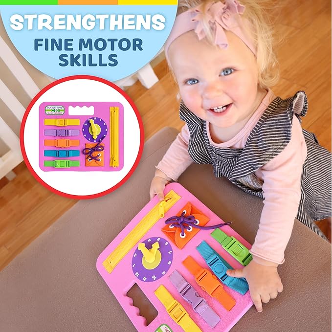 Buckle Toys Busy Board - Montessori Learning Toy for Toddlers Great Kids Road Trip Essentials - Foam Sensory Board - Develop Fine Motor Skills - Pink