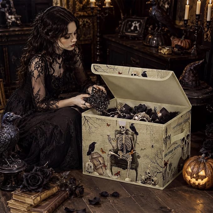 Briwooody Halloween Storage Bin with Lid and Carrying Handle Halloween Gothic Skull Foldable Storage Box Large Vintage Skeleton Decorative Collapsible Container Basket for Closet Home Bedroom Gift