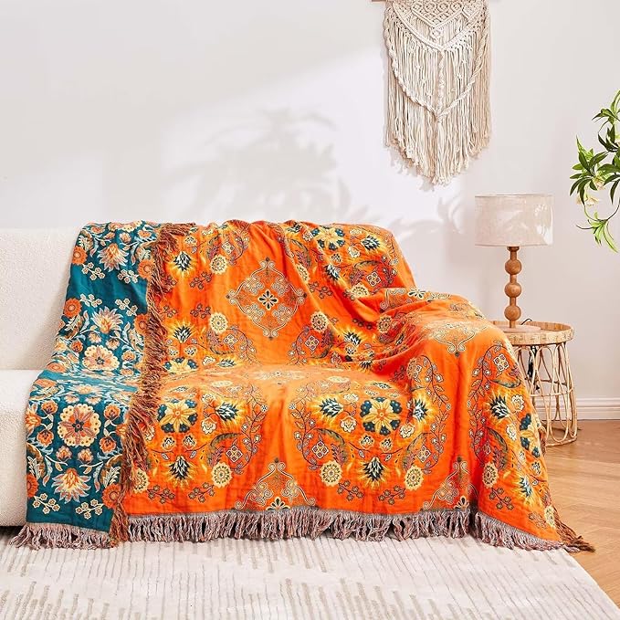 XIBLC Boho Throw Blanket, 100% Cotton Ultra Soft Luxury Throw Rustic Quilt, 60"x80" Floral Printed Farmhouse Decor Bed Summer Blankets, All Season Rustic Reversible Bohemian Throw for Bed - Orange