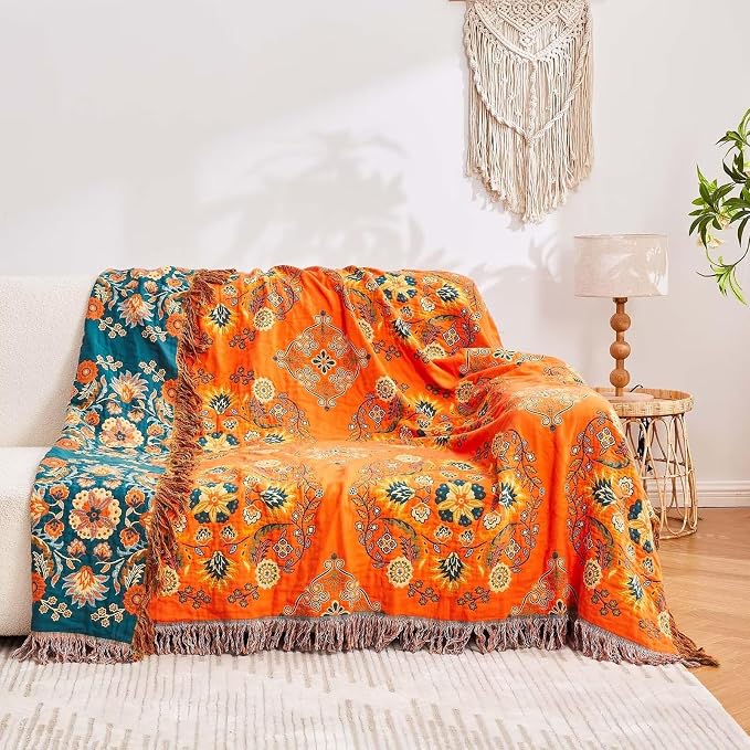 XIBLC Boho Throw Blanket, 100% Cotton Ultra Soft Luxury Throw Rustic Quilt, 80"x90" Floral Printed Farmhouse Decor Bed Summer Blankets, All Season Rustic Reversible Bohemian Throw for Bed - Orange