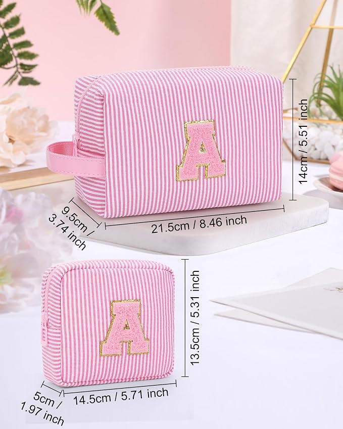 MONSTINA Personalized Initial Makeup Bag| Toiletry Bag for Girls&Women,Make Up Case for Girlfriend Bridesmaid Wife,Birthday Gift for Her Cute,2PCS,Pink C