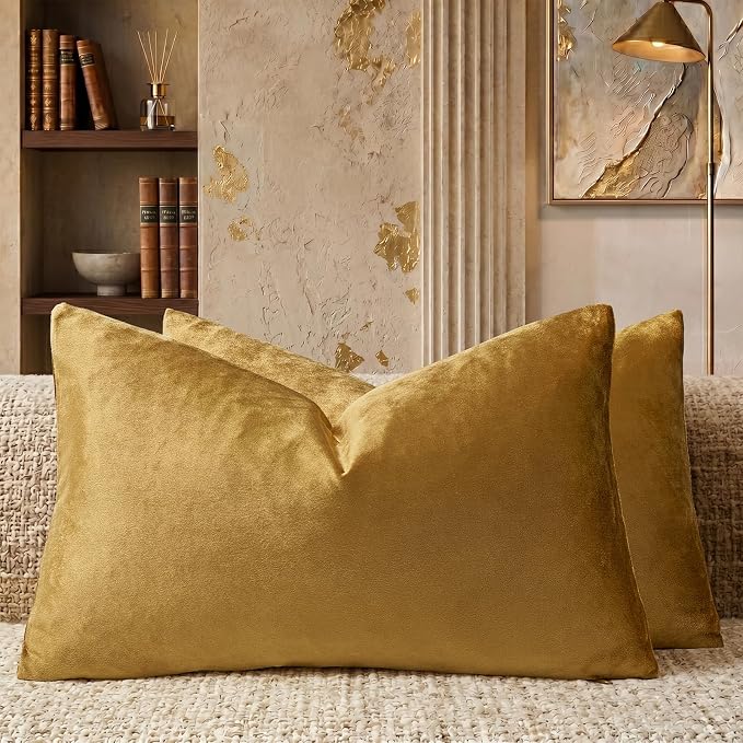 GIGIZAZA Golden Velvet Pillow Covers 12x20 Decorative Pillows Pack of 2 | Lumbar Throw Pillows for Couch Sofa,280gsm Soft Textured Fabric,Modern Pillowcases,Luxury Cushion Covers
