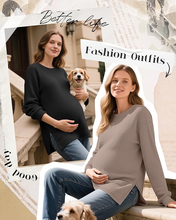 3 Pack Women's Maternity Shirts Long Sleeve Waffle Knit Side Split Oversized Tops Pregnancy Clothes Fall Tees