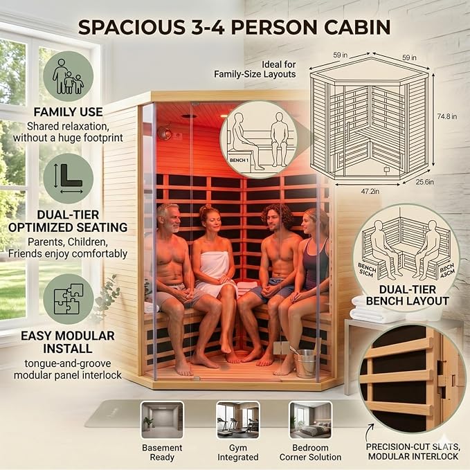 Corner Home Sauna for 3-4 Person | Low EMF Far Infrared Sauna Room with Bluetooth & Chromotherapy | Canadian Hemlock Wood, Space-Saving for Gym/Bedroom (220V, 2880W)
