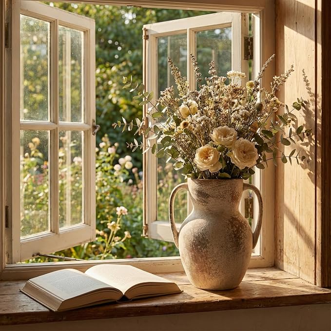 Emotionally Grounded Vase, Vaseking Large Ceramic Rustic Vase with 2 Handles, 8.6 inch Minimalist Decorative Farmhouse Tall Vases for Home Decor, Living Room, Enterway, Wedding, Fired Terra Clay