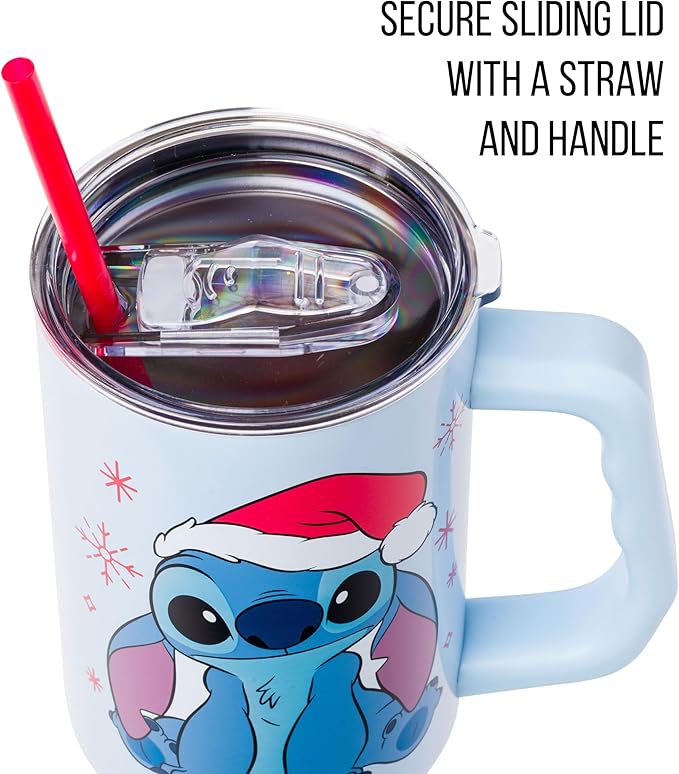 Silver Buffalo Disney Lilo and Stitch Christmas Holiday Santa Hat and Snowflakes Double Walled Stainless Steel Tumbler with Handle and Straw, Fits in Standard Cup Holder, 40 Ounces