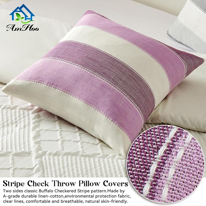 Pack of 2 Farmhouse Stripe Check Throw Pillow Covers Set Case Cotton Linen Decorative Pillowcases Cushion Cover for Couch Bench Sofa 18x18 Inch Purple
