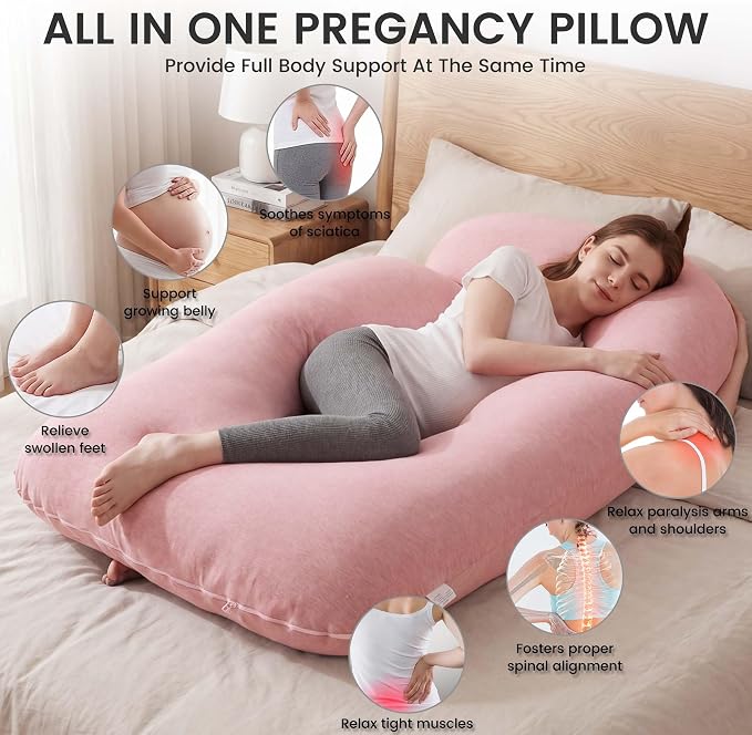 Jcickt Pregnancy Pillow for Sleeping,59 inch Maternity Pillow with Removable Washable Cover,J-Shaped Cooling Full Body Pregnant Pillow -Support for Backs,Legs, Belly, HIPS, Improve Sleep-Pink