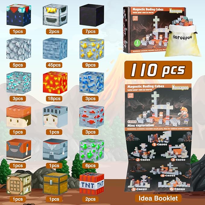 Magnetic Blocks - Build Mine Magnet Craft World Set, Magnetic Tiles LE Building go Blocks Toddler Toys STEM Sensory Outdoor Toys for 3+ Year Old Boys & Girls, Creative Kids Games Kids Toys-110PCS