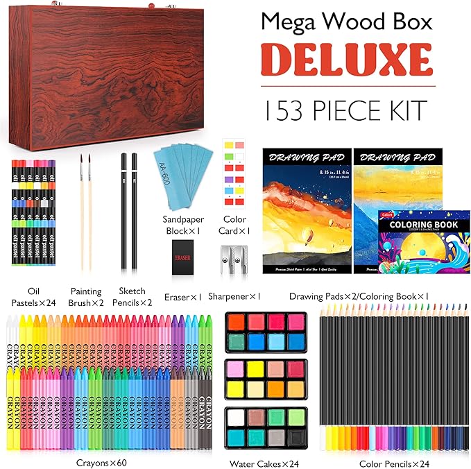 Caliart Art Supplies, 153-Pack Deluxe Wooden Art Set Crafts Drawing Painting Coloring Supplies Kit with 2 A4 Sketch Pads, Halloween Creative Gift Box for Adults Artist Beginners