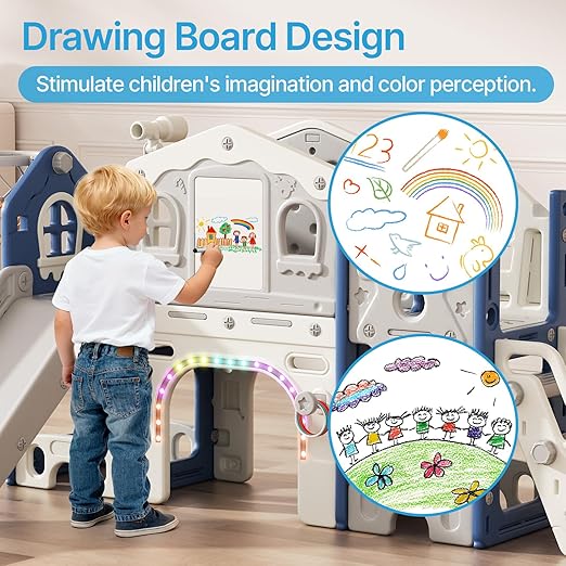 BIERUM 10 in 1 Toddler Slide Set - Baby Slide for Toddlers 1-3 with Colorful Lights, Drawing Board and Building Blocks Board, Indoor Outdoor Toddler Playset Playground, Blue Gray