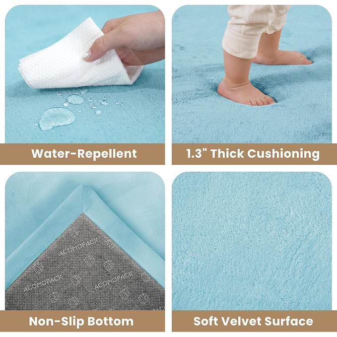 ACOMOPACK Baby Play Mat for Floor 1.3" Thick Memory Foam Play Mat 39"×59" Tummy Time Crawling with Non-slip Bottom for Living Room,Nursery,Soft Velvet Playpen Mats for Kids,Infants（Light Blue）