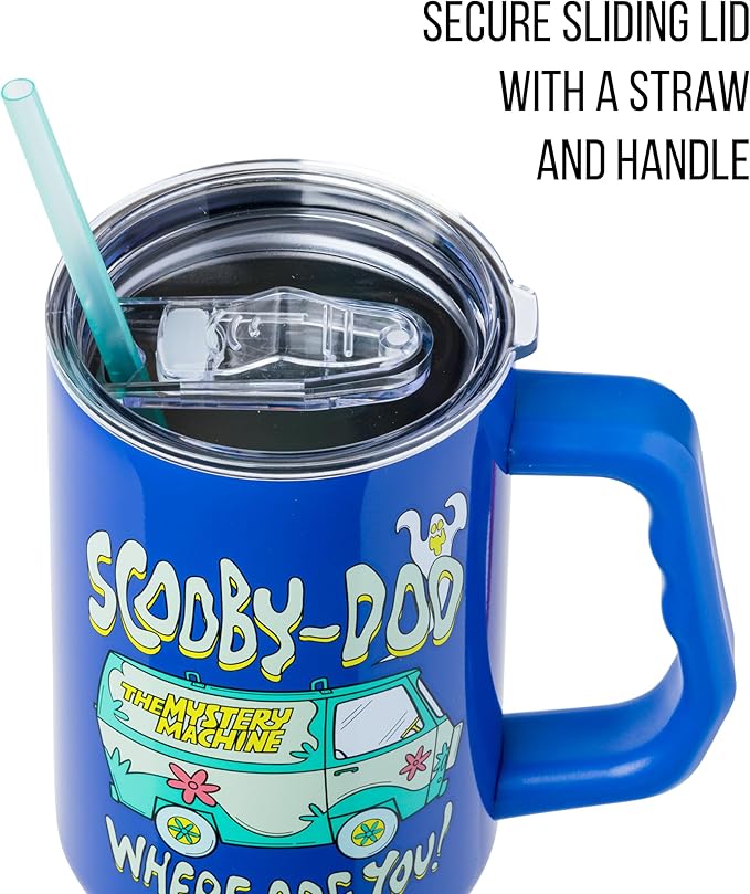 Silver Buffalo Scooby-Doo “Where Are You!” Double Walled Stainless Steel Tumbler with Handle Featuring The Mystery Machine, Fits in Standard Cup Holder, 40 Ounces