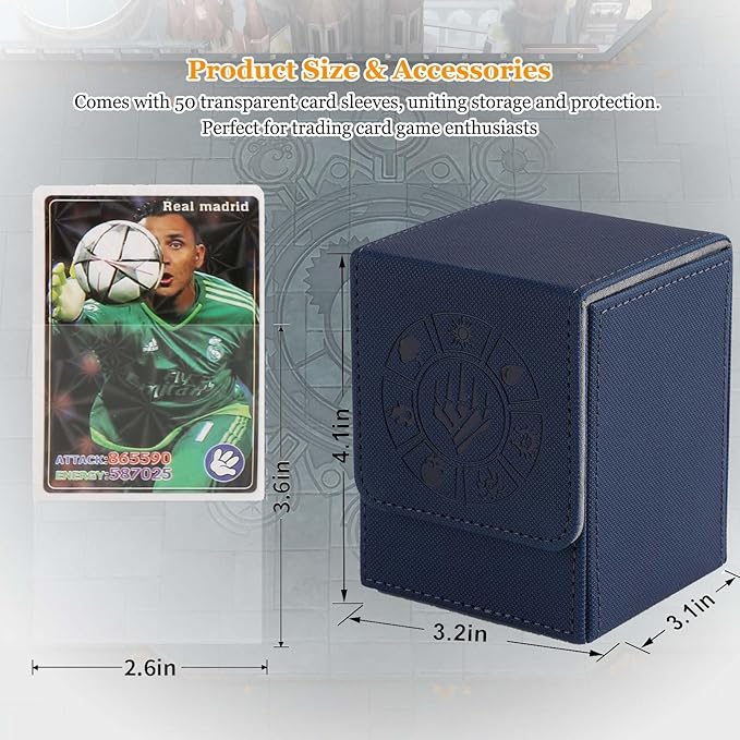 Arkeiliy Card Deck Box, 110+ Storage MTG Deck Box with 50 Pcs Card Sleeve, Collectible Trading Card Cases for Magic Commander and More (Blue)