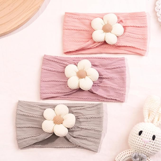 CÉLLOT Baby Flower Headbands Baby Girls Nylon Headbands Baby Essentials Stretchy Hairbands Handmade Hair Accessories for Newborn Infant Toddlers Kids (Pink,Khaki Gray,Dusty Pink)