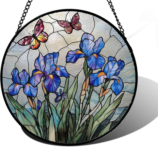 Stained Glass Window Hanging, Blue Iris Flowers Butterfly Suncatcher Diamond Colorful Glass Panel Sun Catchers Decor for Birthday for Women, Men, Wife, Aunt, and Mom 15x15 in