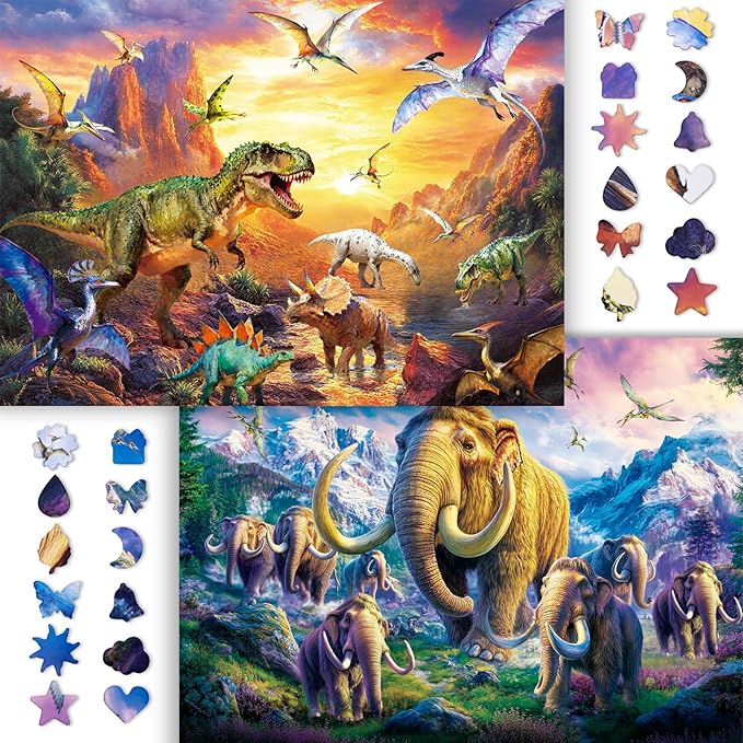 Jigsaw Puzzle 1000 Pieces Adult, 2 Pack, Unique Shape Nature Series Puzzle, Dinosaures and Mammoths Theme, Challenging Puzzles for Game Night, Highly Interactive Family Games for Adults