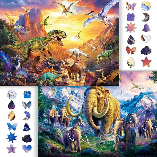 Jigsaw Puzzle 1000 Pieces Adult, 2 Pack, Unique Shape Nature Series Puzzle, Dinosaures and Mammoths Theme, Challenging Puzzles for Game Night, Highly Interactive Family Games for Adults